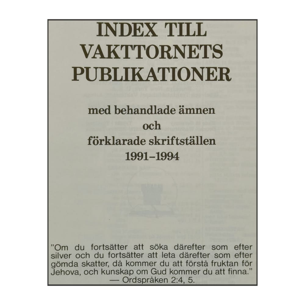 Index Till Vakttornets Publikationer 1991–1994