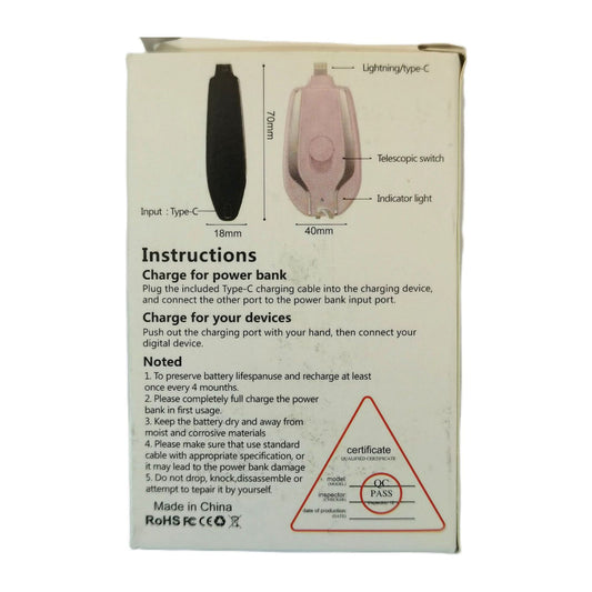 Keychain Emergency Charger: USB Type C (PINK)