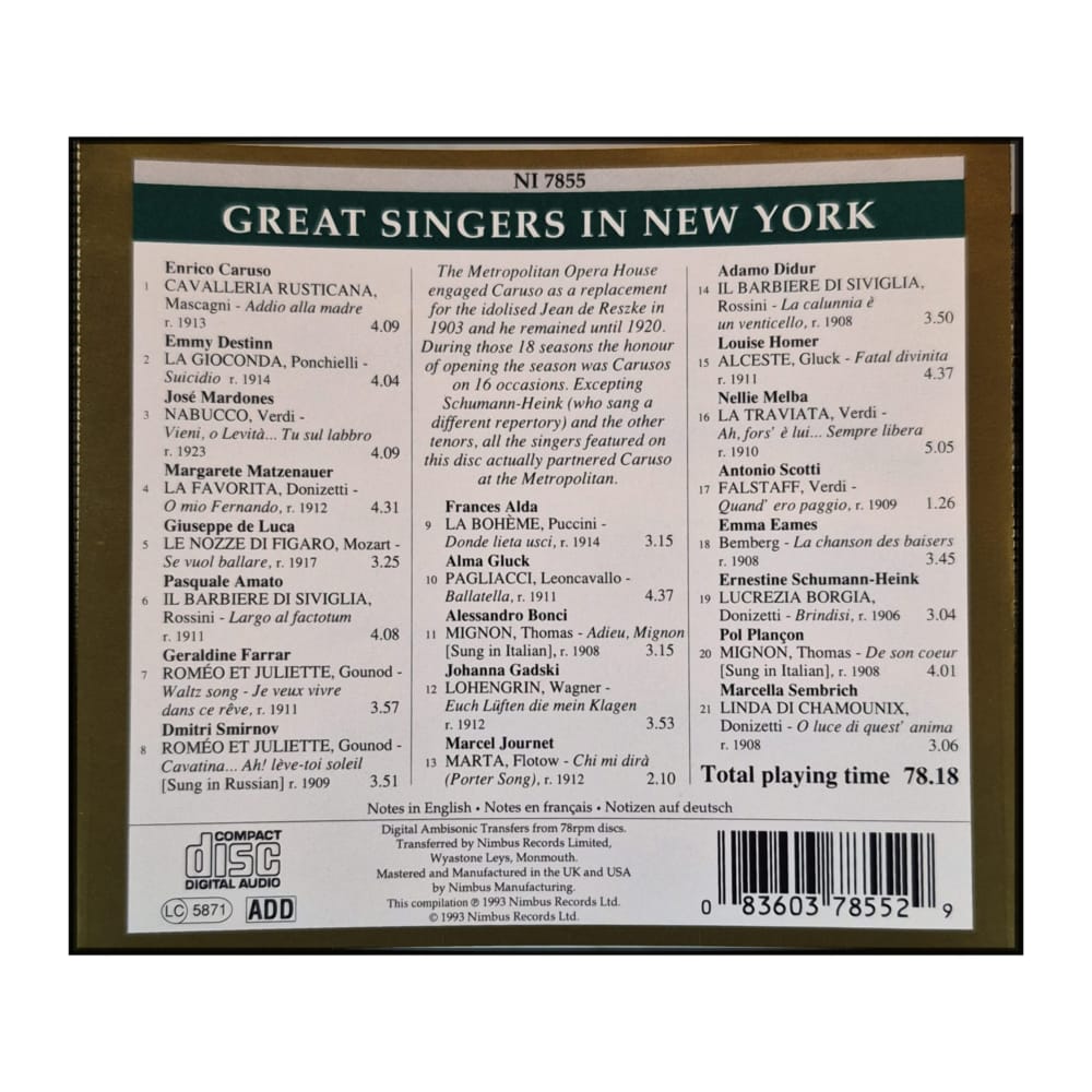 Prima Voce: Great Singers In New York: The Age Of Caruso